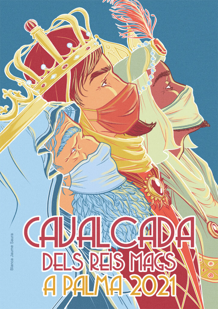 Cartel alternativo con mascarillas para la Cabalgata de los Reyes Magos en Palma, 2021.